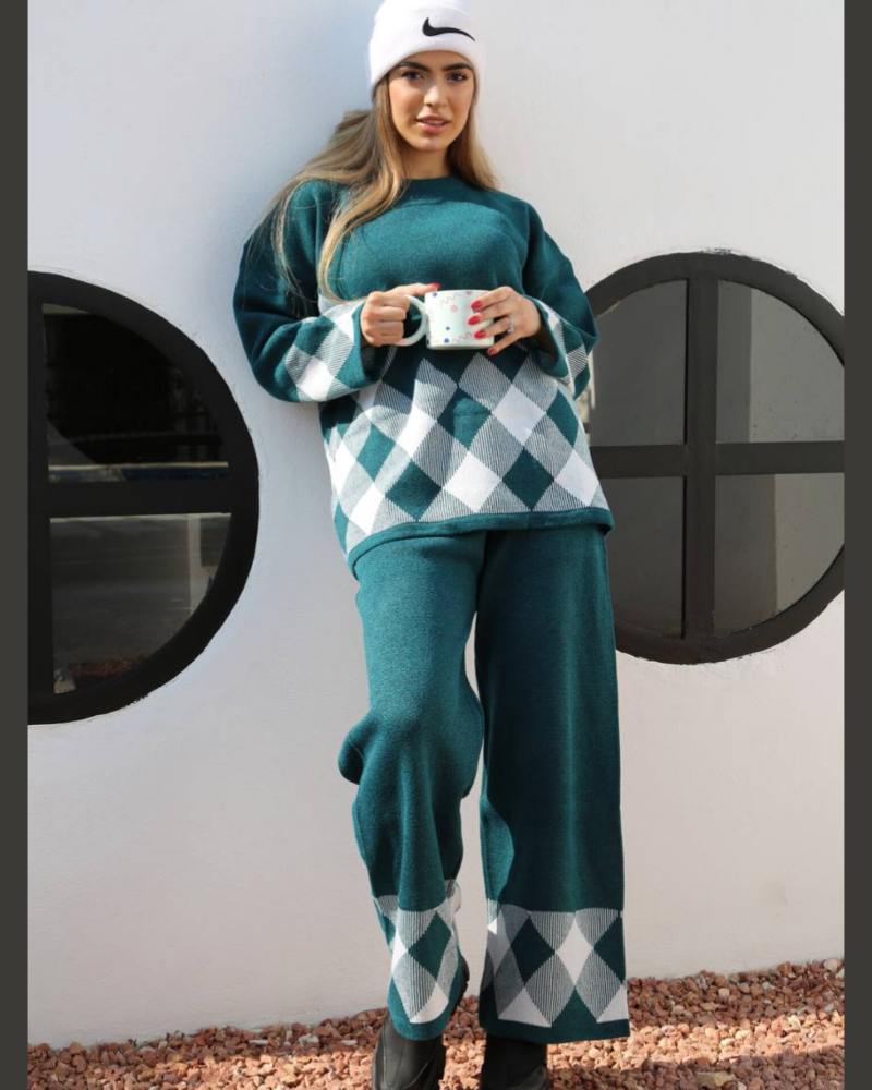 ست بافت زنانه دمپا طرح لوزی یقه گرد آستین بلند ریز بافت کد 1917