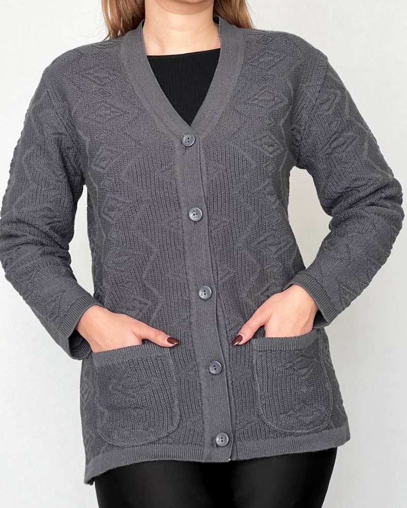 ژاکت بافت پنج دکمه نخ اکریل دو جیب یقه هفت زنانه کد1778