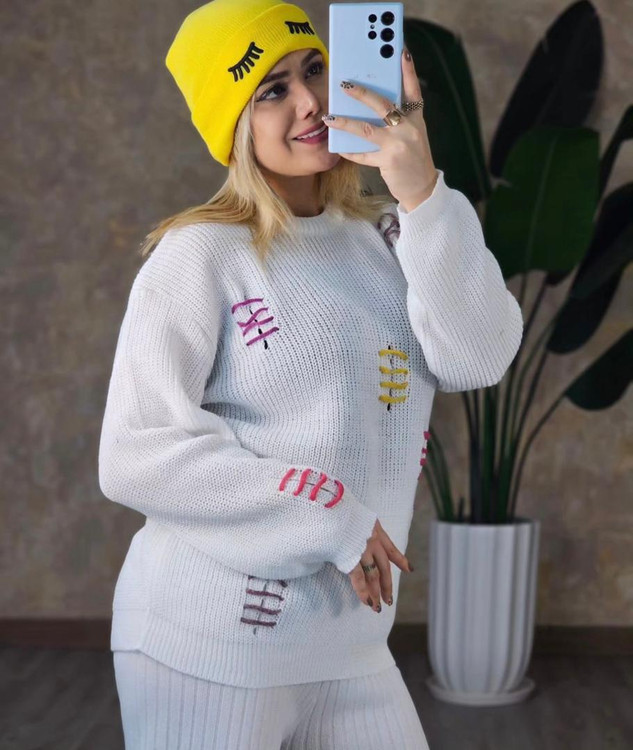 بلوز بافت زنانه طرح بخیه های رنگی آستین بلند یقه گرد لش کد 1934