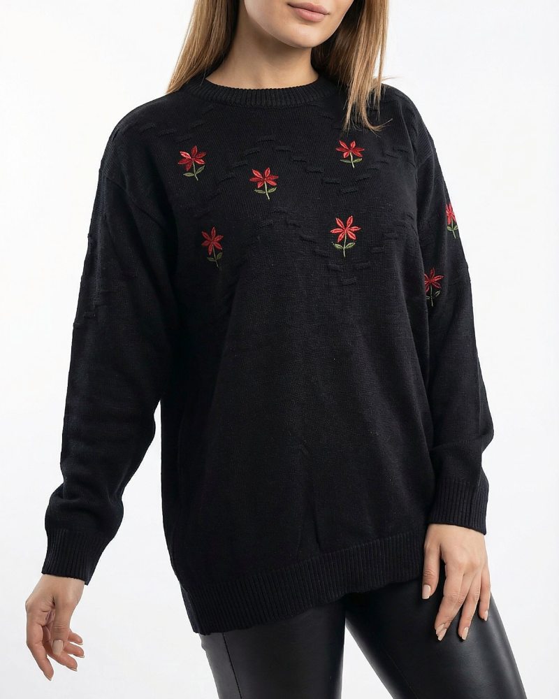 بلوز بافت زنانه گلدوزی گل شاخه ای یقه گرد آستین بلند ریز بافت کد 1939