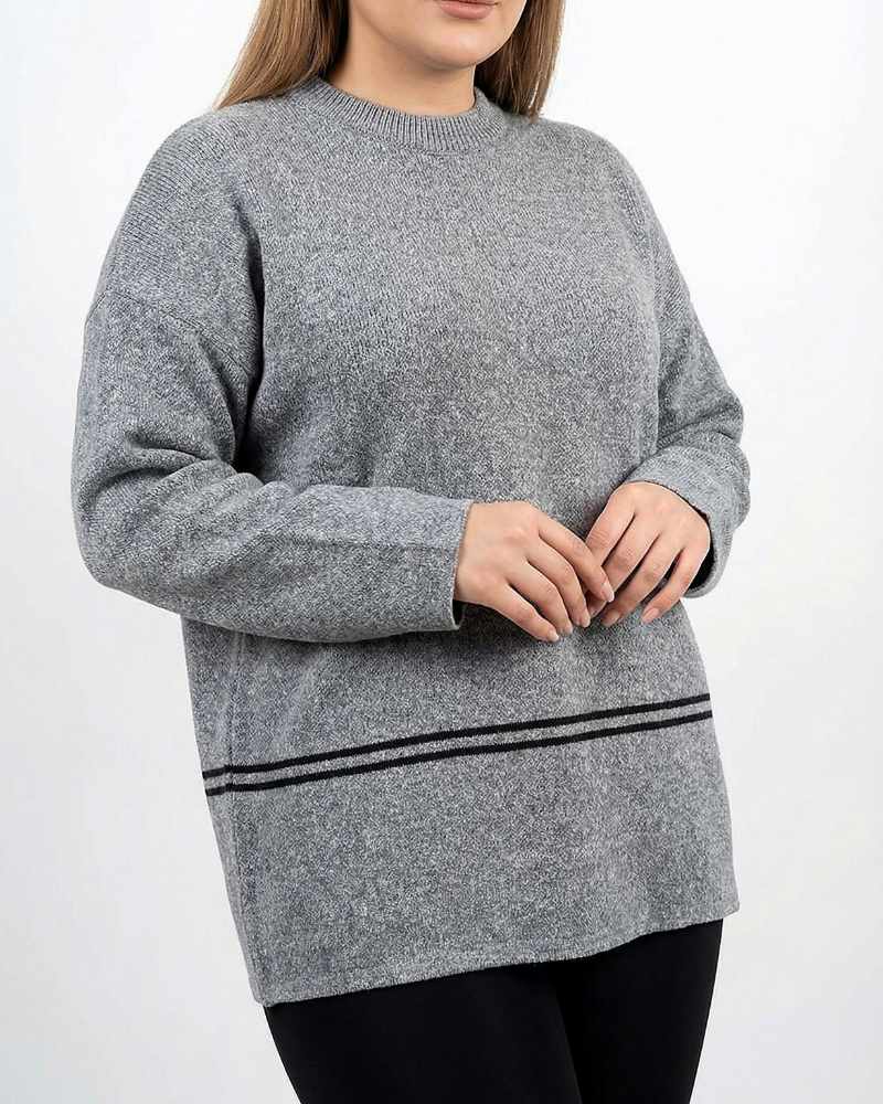 بلوز بافت زنانه سایز بزرگ پلاس پایین 2 خط یقه گرد آستین بلند کد 1912