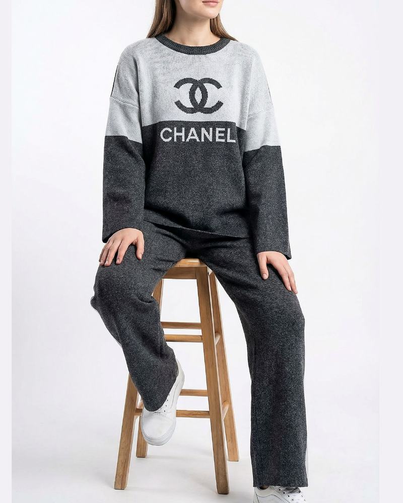 ست بافت زنانه بلوز شلوار دو رنگ طرح چنل chanel آستین بلند شلوار بغل خط کد 1933