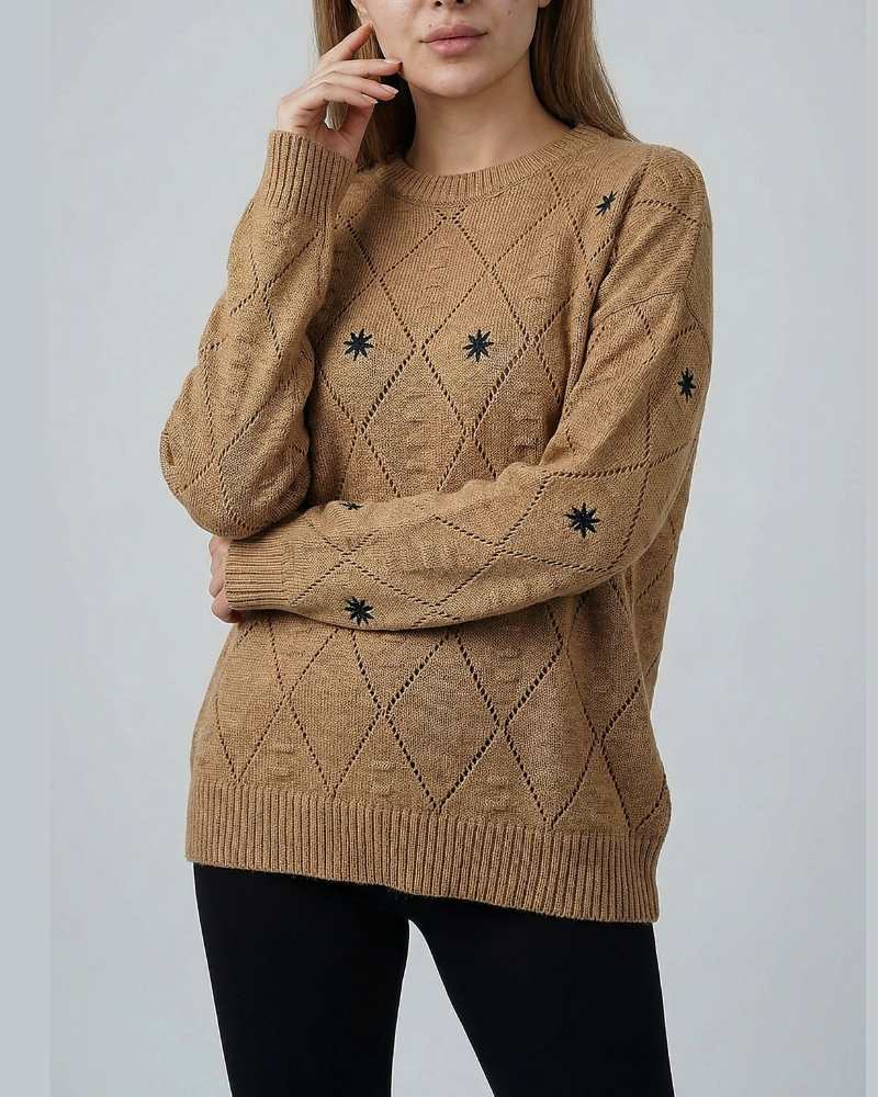 بلوز بافت زنانه ذوزنقه ای گلدوزی ستاره یقه گرد آستین بلند کد 1952