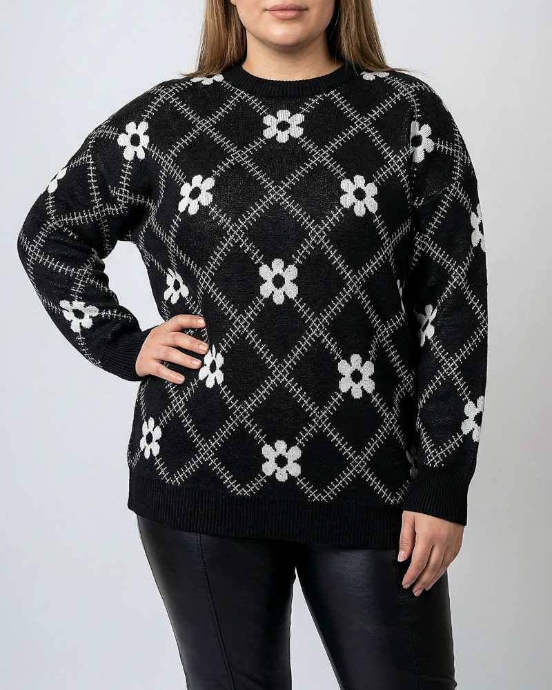 بلوز بافت زنانه سایز بزرگ پلاس گل گلی یقه گرد آستین بلند 1955