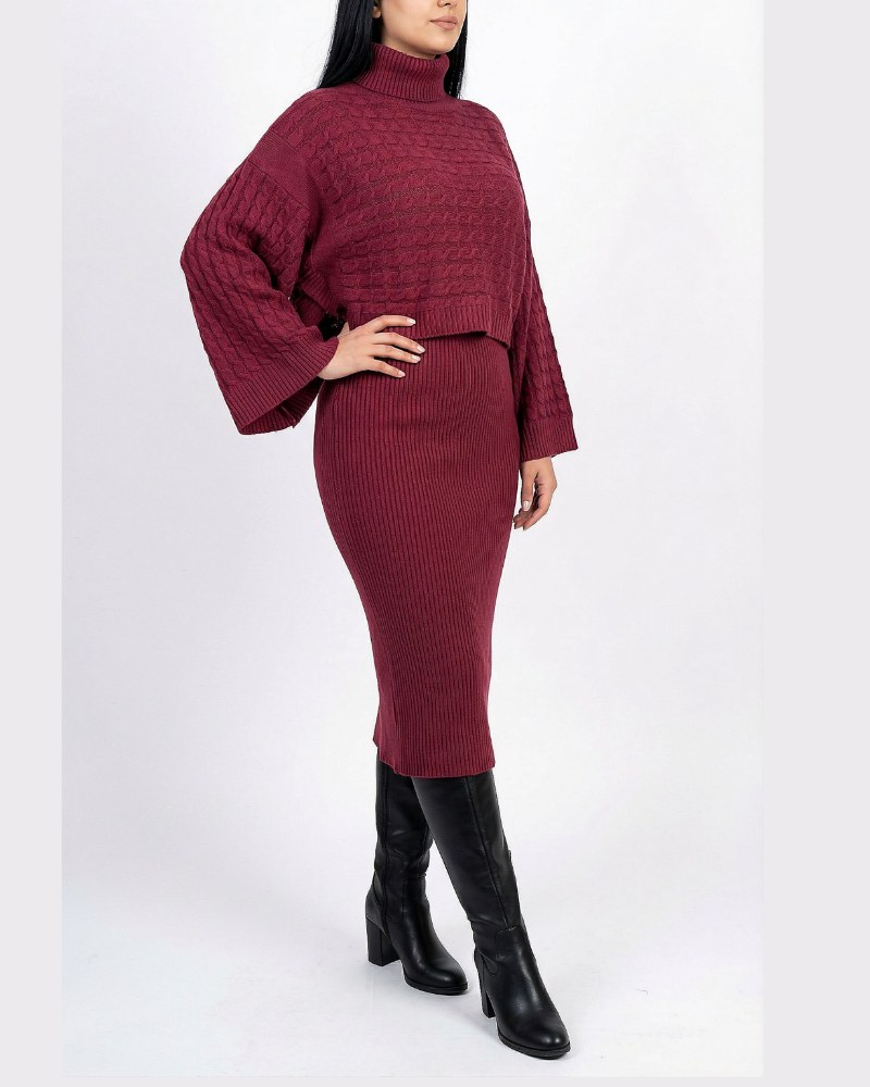 ست بافت سارافون و بلوز آستین کیمونو طرح مار پیچ یقه شل زنانه کد 1929