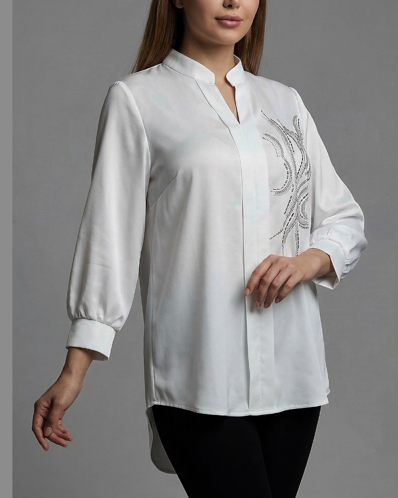 شومیز ساتن مجلسی جلو بسته یقه هفت پشت بلند یک طرف نگین کوب کد 1657