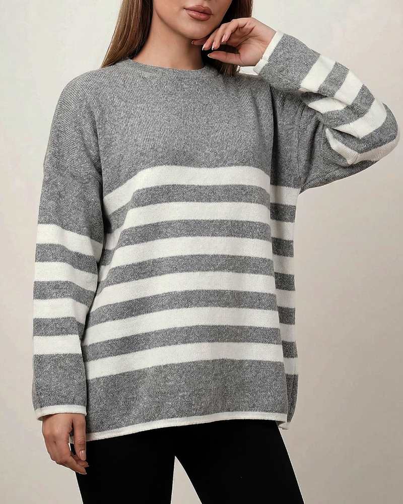 بلوز بافت زنانه قواره باکسی راه راه خط درشت آستین بلند کد 1960