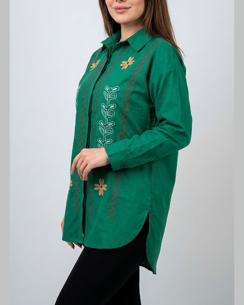 مانتو کتان گلدوزی بابونه و شمشاد یقه دار دکمه قاپک مخفی آستین بلند زنانه کد1624