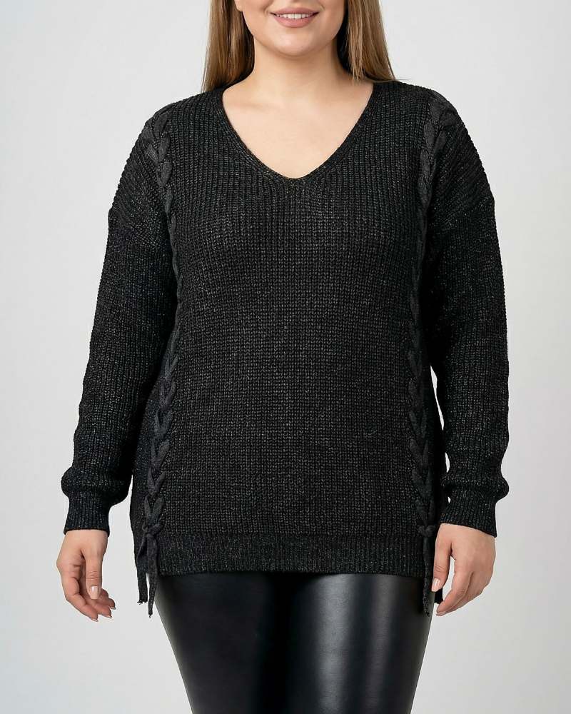 بلوز بافت زنانه یقه هفت سایز بزرگ پلاس دو طرف گیس بافت آستین بلند جودان بافی کد 1937