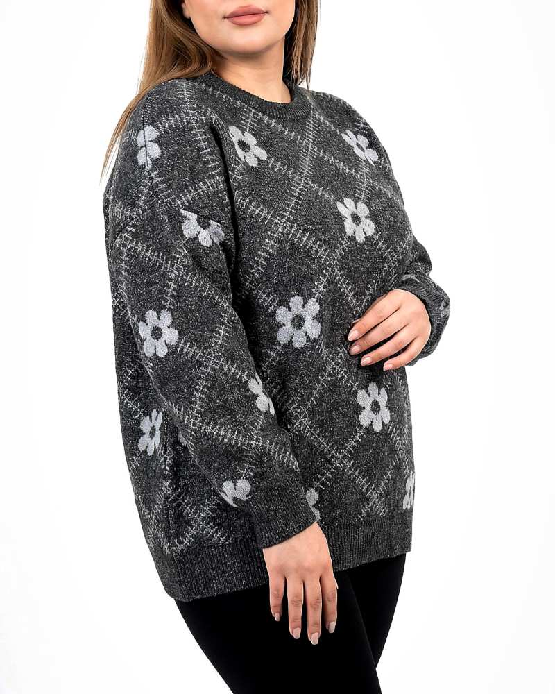 بلوز بافت زنانه سایز بزرگ پلاس گل گلی یقه گرد آستین بلند 1955