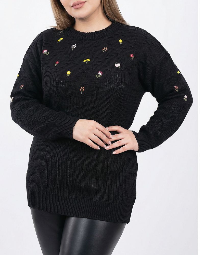 بلوز بافت زنانه سایز بزرگ پلاس گلدوزی جودان بافت یقه گرد کد 1956