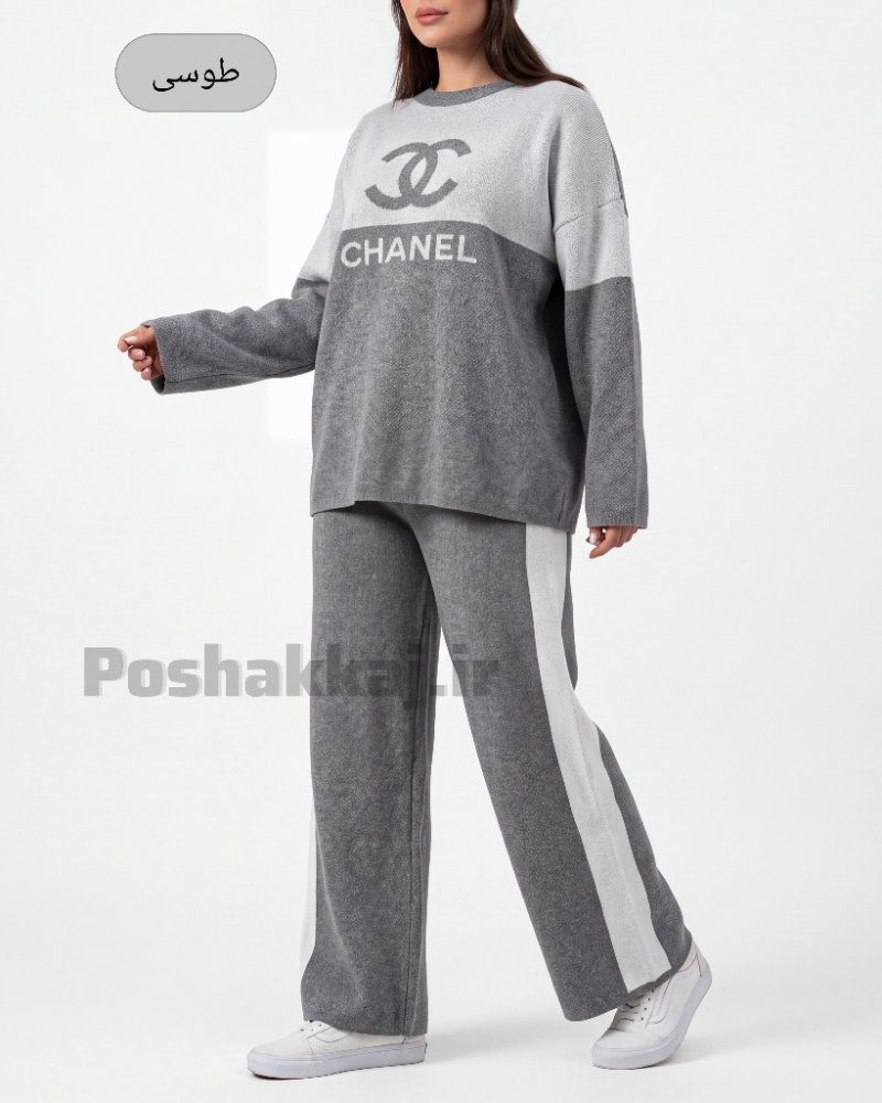 ست بافت زنانه بلوز شلوار دو رنگ طرح چنل chanel آستین بلند شلوار بغل خط کد 1933