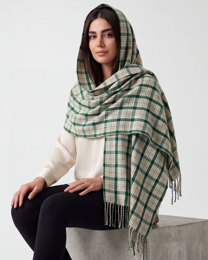 شال موهر وارداتی چهارخانه سبز و کرم ریشه دار درجه یک
